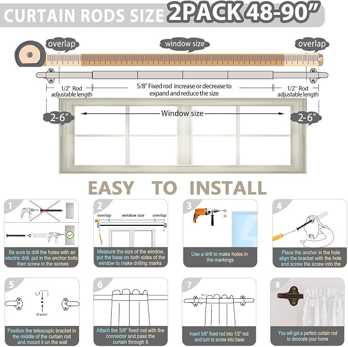 TVWOO Bronze Wrap Around Curtain Rods 2 Pack:Small Blackout Adjustable Window - Image 4