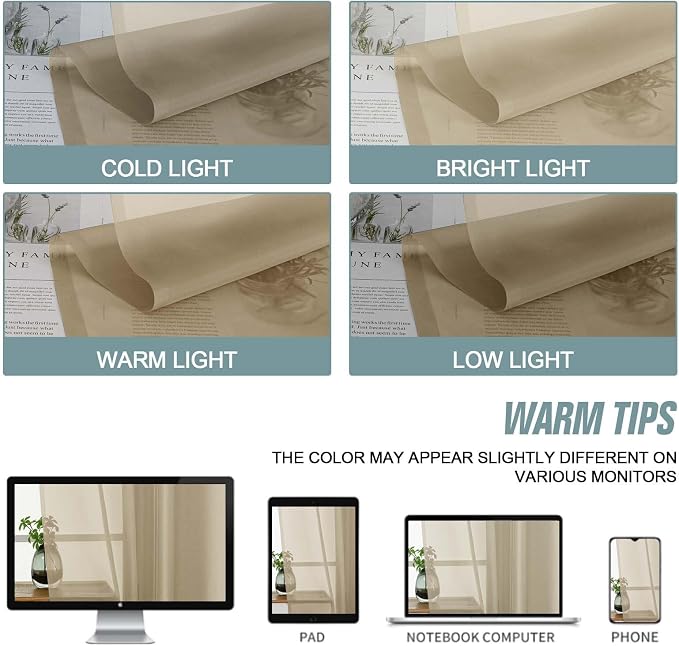 Taupe Sheer Curtains Tier 30 Inches Length 2 Panels Set, Light Filtering - Image 7
