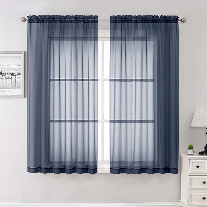 Lecloud Navy Blue Sheer Curtains 63 Inch Length 2 Panels, Rod Pockets Window by Lecloud