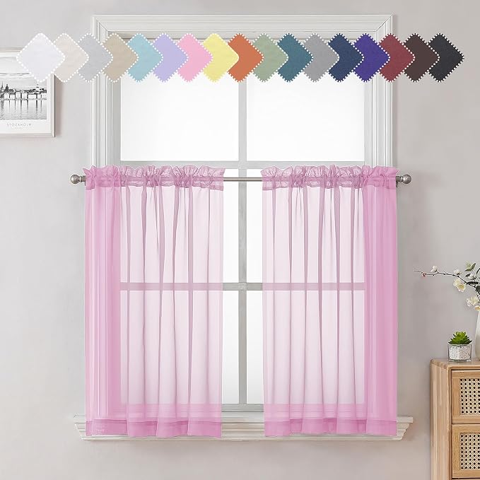Lecloud Light Pink Sheer Curtains 36 Inch Length 2 Panels, Elegant Voile Cafe by Lecloud