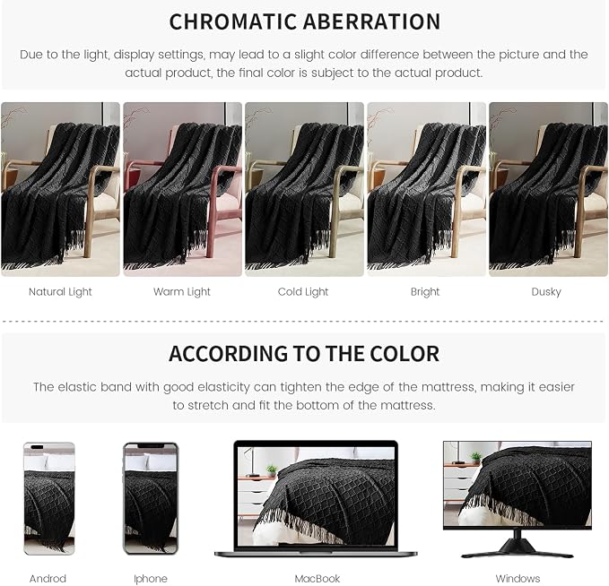 BOURINA Black Throw Blanket 50 x70 Inches Jacquard Argyle Throw Textured Solid - Image 7