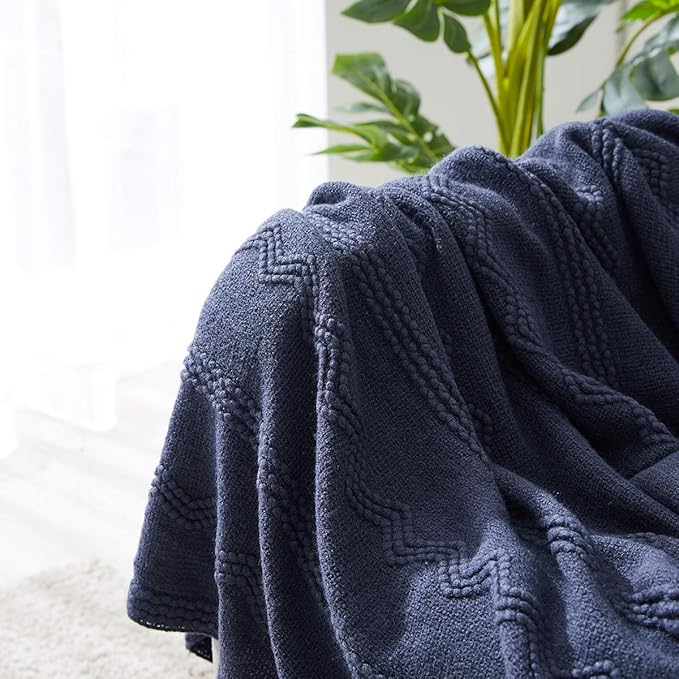 BOURINA Navy Throw Blanket 50 x90 Inches Throw Textured Solid Soft Sofa Throw - Image 4