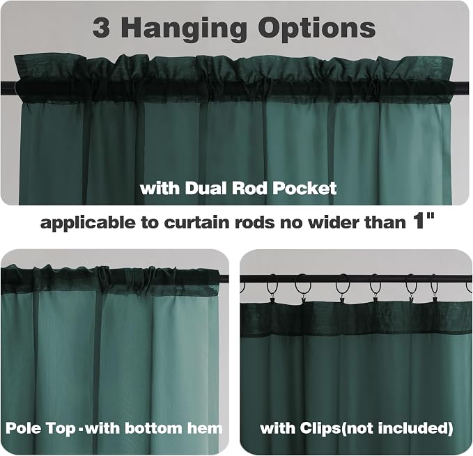 Chyhomenyc Sheer Hunter Green Kitchen Tier Curtains 24 Inch Length Set - Image 3