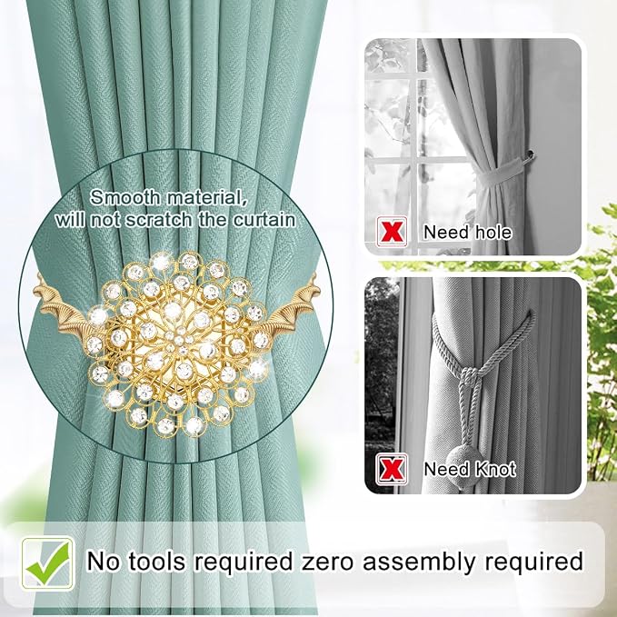 AULEEP Magnetic Curtain Tiebacks, 4 Pack Magnetic Crystal Decorative Drapes - Image 4