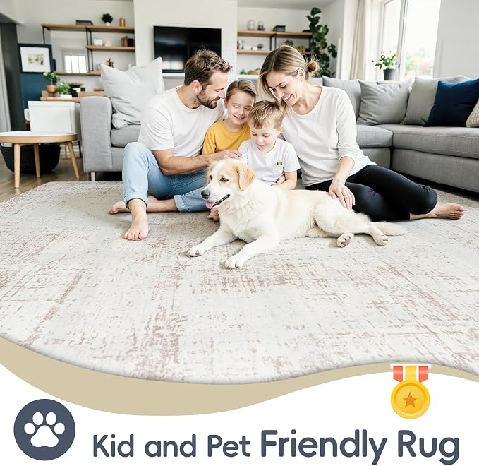 6x9 Washable Area Rug for Living Room Bedroom: Non-Slip Modern Beige White | - Image 4