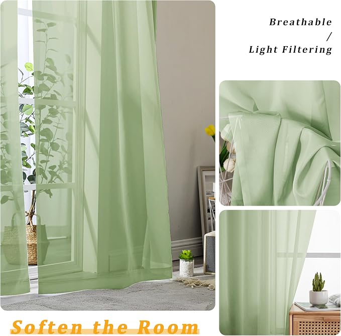 Gwine Light Green Sheer Curtains 90 Inches Long 2 Panels Set, Light Filtering - Image 3