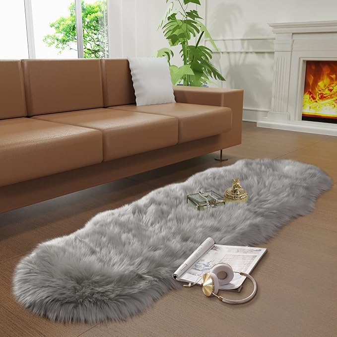 Faux Fur Rug for Bedroom, 2x6ft Grey Plush Area Shag Rugs Floor Carpets for - Image 2