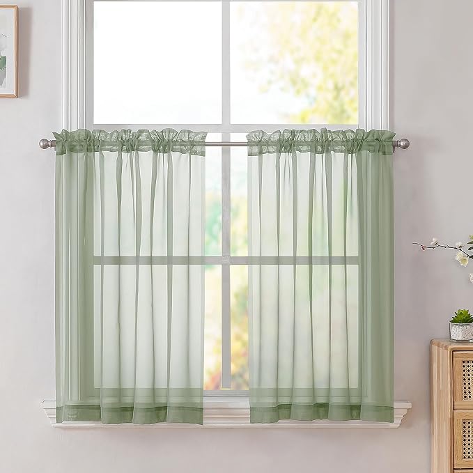 SimpleBrand Sage Short Sheer Drapes Half Window Curtains by Simplebrand