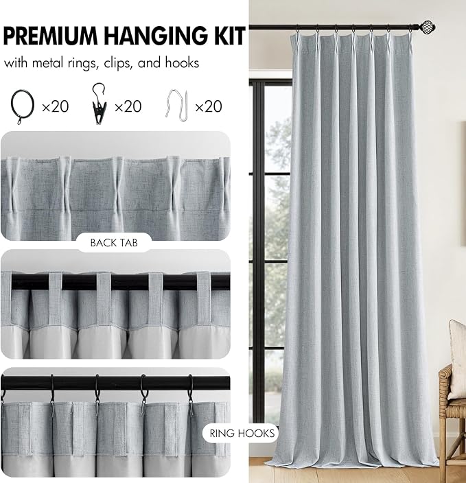 MIULEE Grayish Blue Pinch Pleated 100% Blackout Linen Curtains 40x96 Inches | - Image 8