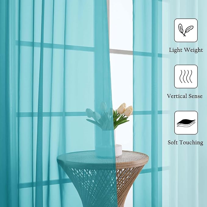 Lecloud Turquoise Sheer Curtains 120 Inches Long 2 Pcs, Light Filtering Rod - Image 2