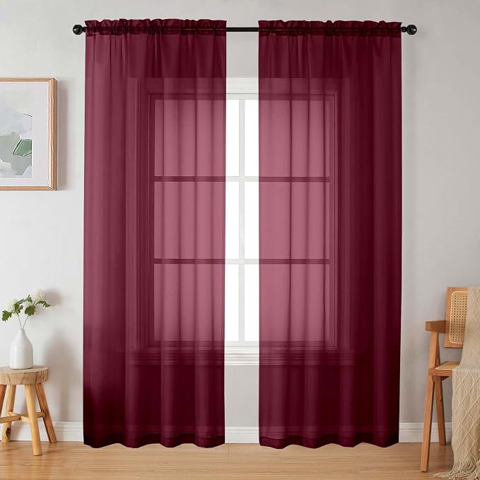 Burgundy Sheer Curtains 84 Inches Long 2 Panels Set by WelvetBLK