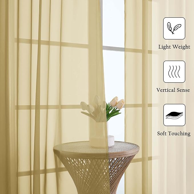 Lecloud Gold Sheer Curtains 120 Inches Long 2 Panels Set, Rod Pockets Light - Image 2