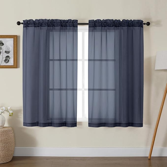 Gwine Navy Blue Sheer Curtains for Living Room 45 inches Long, Short Voile by Gwine