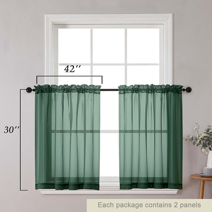 Hunter Green Kitchen Curtains 30 Inch Length Tier 2 PCS, Solid Soft Half - Image 2