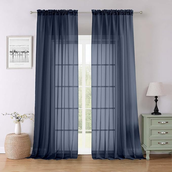 Lecloud Navy Blue Sheer Curtains 96 Inches Long 2 Pcs, Light Filtering Window by Lecloud
