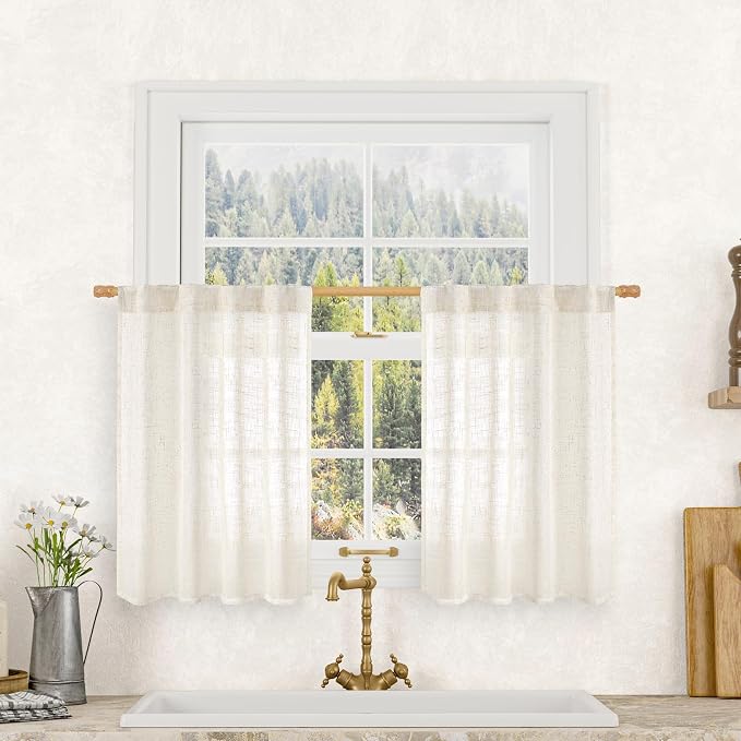 LAMIT Cream Linen Kitchen Curtains 30 Inch Length, Semi Sheer Light Filtering by LAMIT