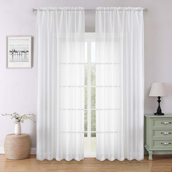 Lecloud White Sheer Curtains 90 Inches Long 2 Panels, Light Filtering Airy by Lecloud