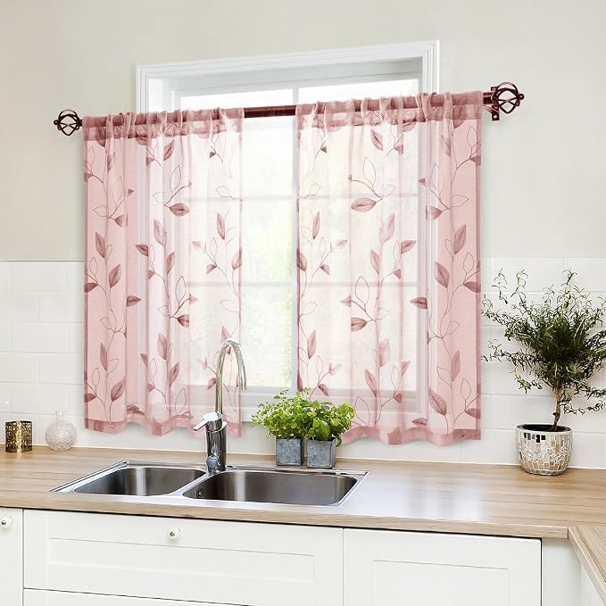 HOMEIDEAS Blush Pink Sheer Kitchen Curtains 30 X 36 Inch Length 2 Panels by HOMEIDEAS