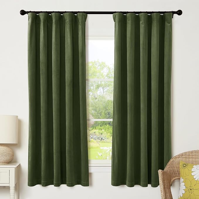 RYB HOME Olive Green Velvet Curtains 63 inches Length by RYBHOME