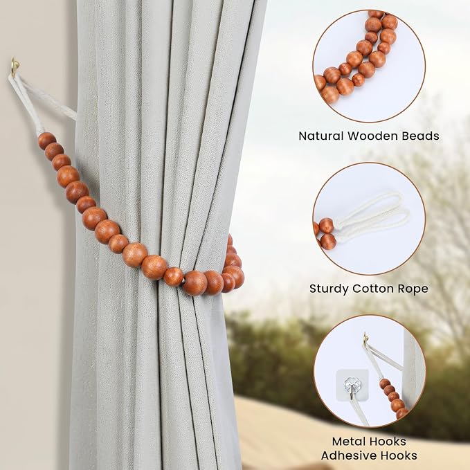 Wood Bead Curtain Tiebacks, KLOGTSIND Set of 2 Curtain Holdbacks - Image 5