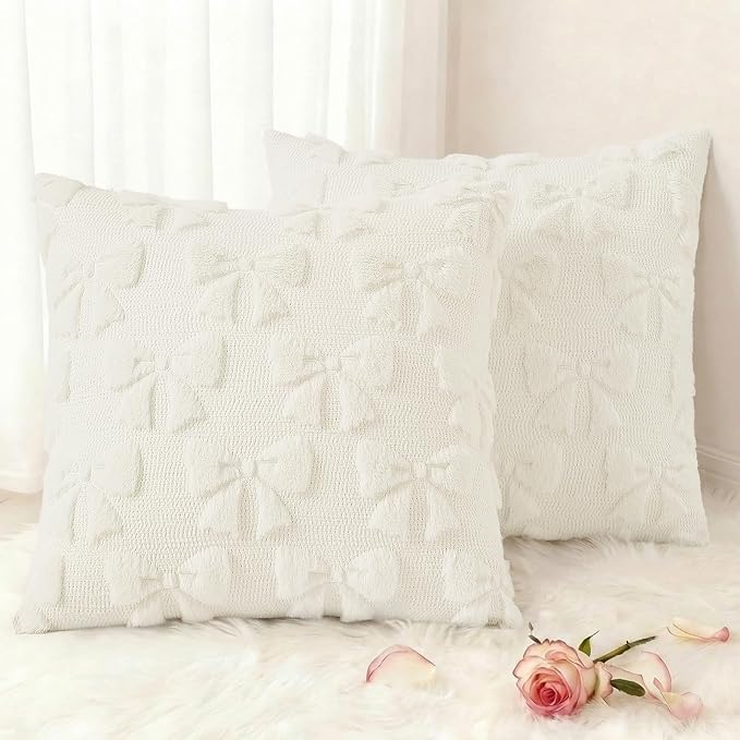 decorUhome Cream White Bow Pillow Covers Set of 2 Coquette Aesthetic Cute by decorUhome