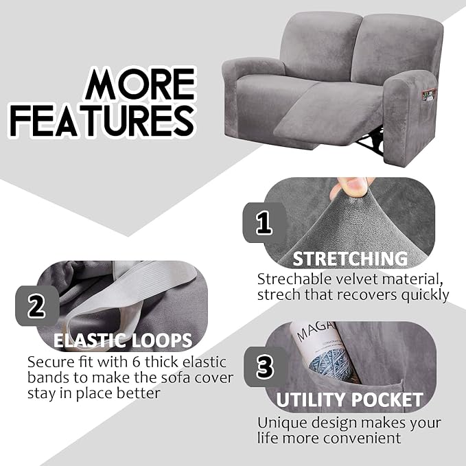 ULTICOR Reclining Love Seat Slipcover, 6-Piece Velvet Stretch Loveseat - Image 4