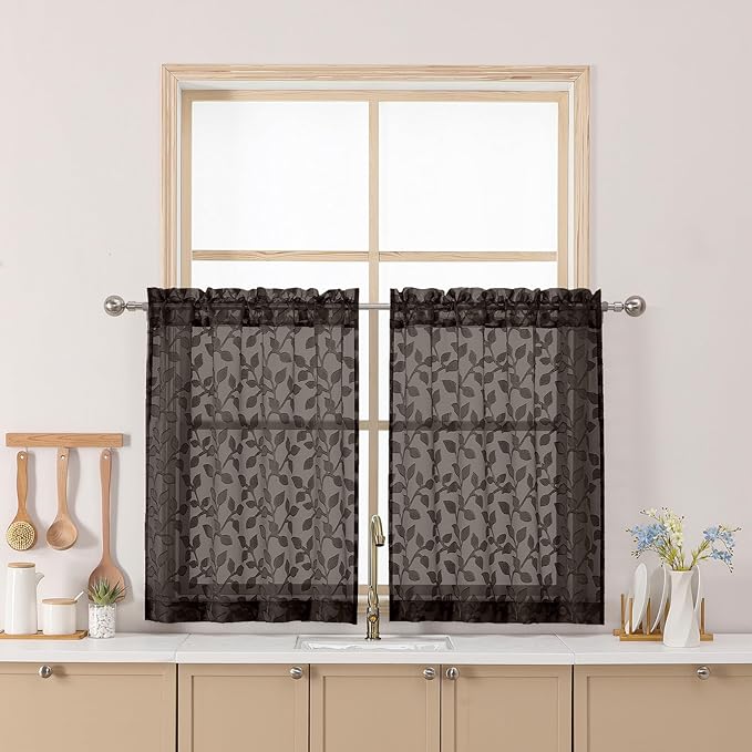 Chyhomenyc Chocolate Sheer Curtains 30 Inch Length, Light Filtering Leaf Tufted by Chyhomenyc