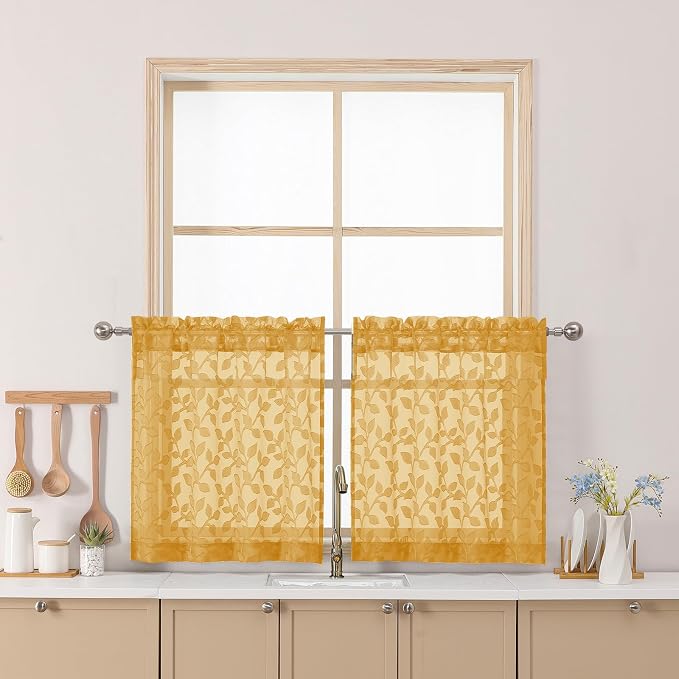 Chyhomenyc Gold Sheer Curtains 24 Inch Length, Light Filtering Leaf Tufted by Chyhomenyc