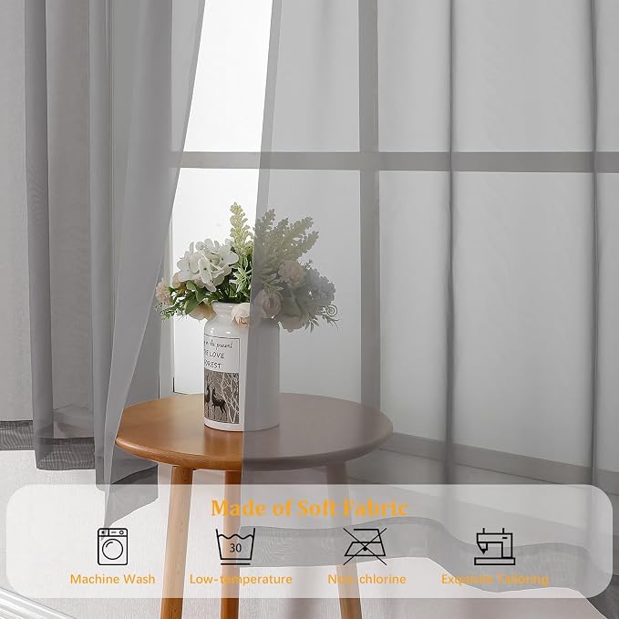 Gwine Charcoal Grey Sheer Curtains 108 Inches Long 2 Panels Set, Voile Light - Image 7