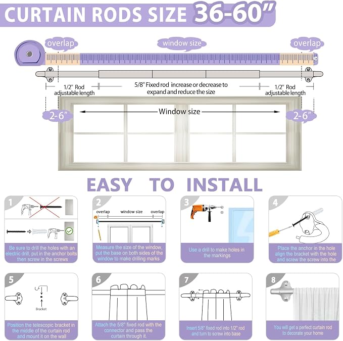 TVWOO Silver Wrap Around Curtain Rods:5/8 In Blackout Adjustable Window Curtain - Image 7