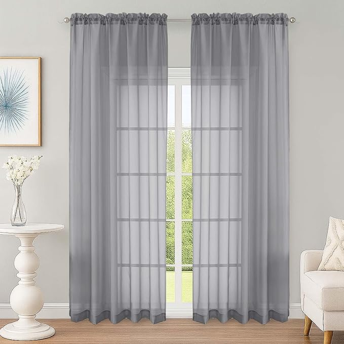 OWENIE Grey Sheer Curtain 90 Inches Long 2 Panels Set, Solid Filmy Drapes by OWENIE