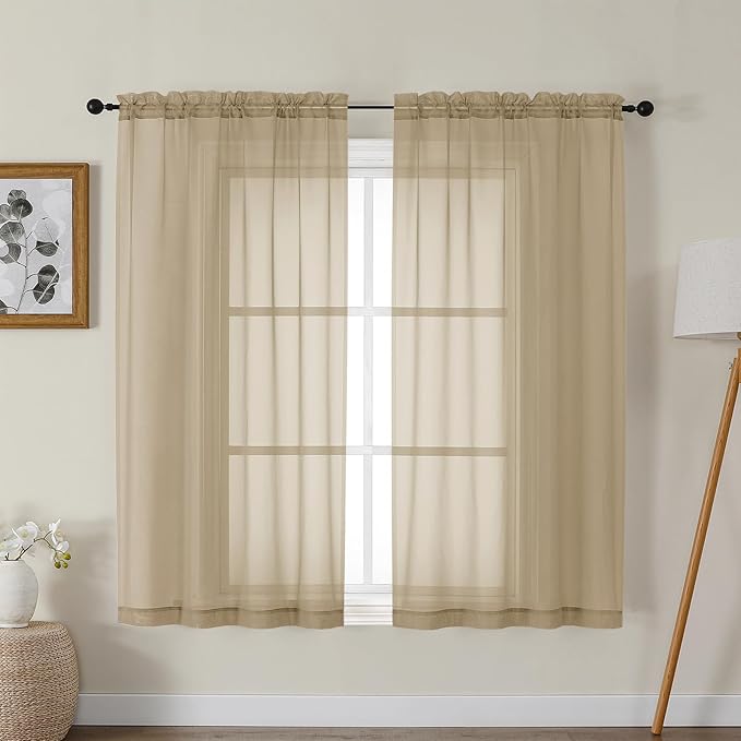 Gwine Taupe Sheer Curtains for Bedroom 54 inches Long 2 Panels, Light Filtering by Gwine