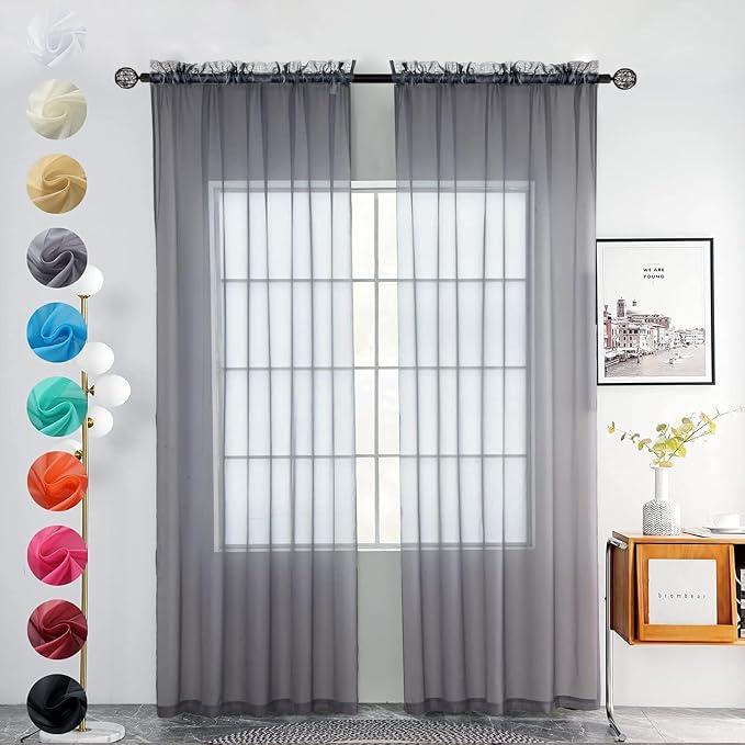 youleyar Solid Sheer Rod Pocket Curtain Voile Draperies 2 Panels White Beige by Youleyar