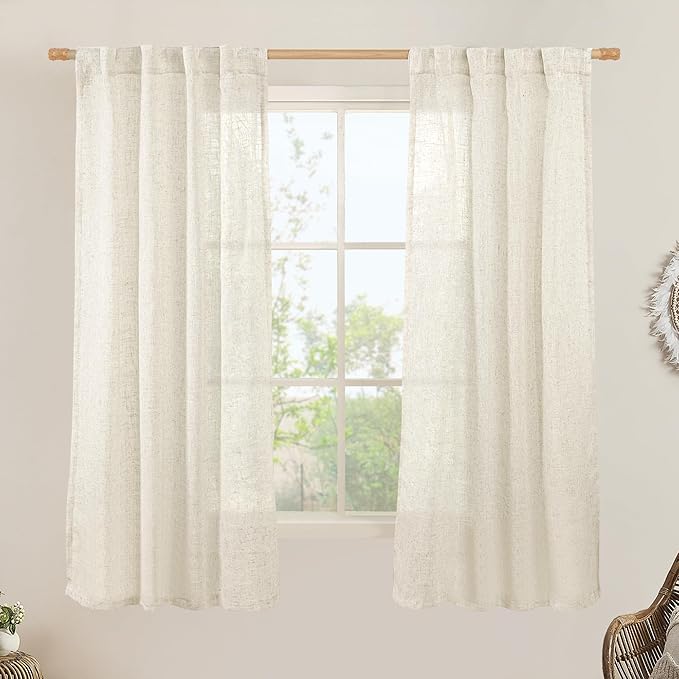 LAMIT 63 Inch Semi Sheer Linen Curtains, Light Filtering Panels Back Tab and by LAMIT