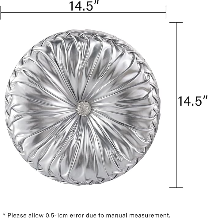HIG Set of 2 Handcrafted Silver Ruched Round Throw Pillows – 14.5’’ Metallic - Image 5