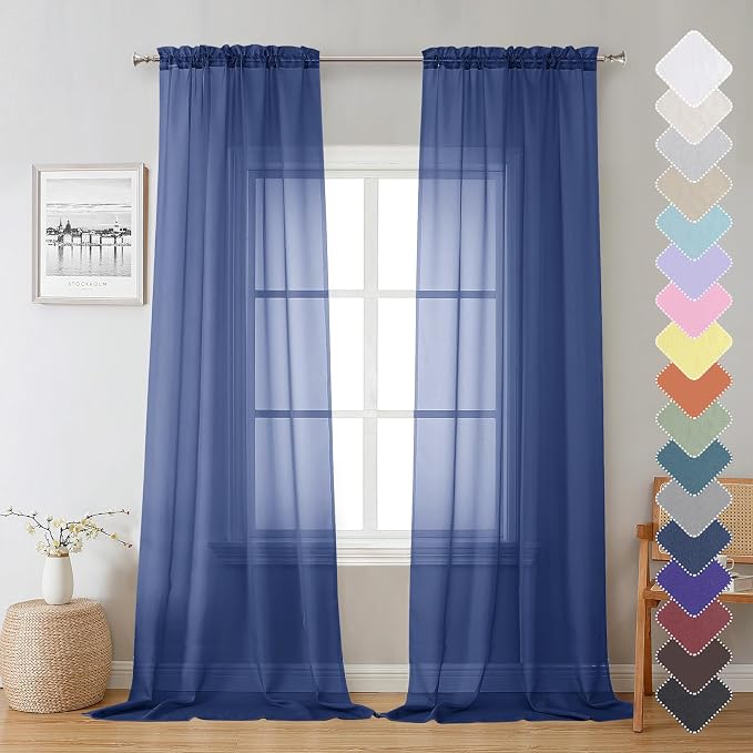 Lecloud Royal Blue Sheer Curtains 96 Inches Long 2 Panels, Farmhouse Voile by Lecloud