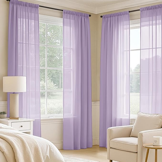 MIULEE Light Purple Sheer Curtains 96 Inches Long, 4 Panels Set, Lavender Light - Image 2