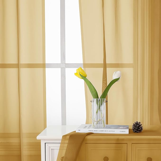 Lecloud Gold Sheer Curtains 63 Inch Length 2 Panels, Airy Light Filtering Voile - Image 7