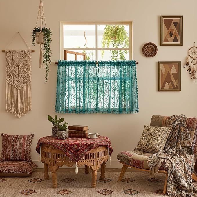 WAZZIO Boho Lace Curtains 2 Panels 45 Inch -Victorian Sheer Panel Drape French - Image 2