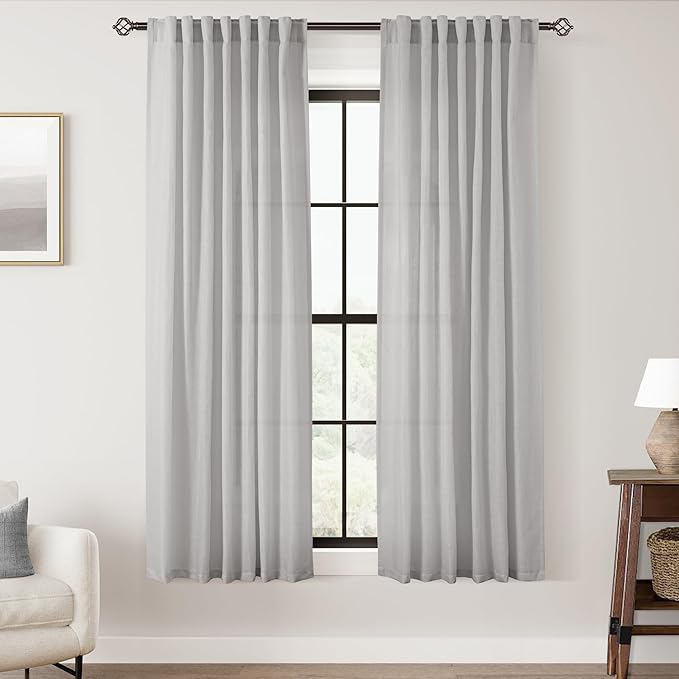 Linen Blend Grey Curtains for Living Room Back Tab Modern Farmhouse Semi Sheer by Jolilight