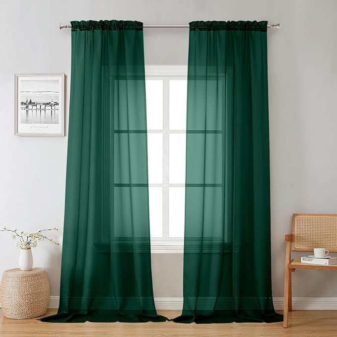 Lecloud Hunter Green Sheer Curtains 96 Inches Long 2 Panels, Airy Voile Solid by Lecloud