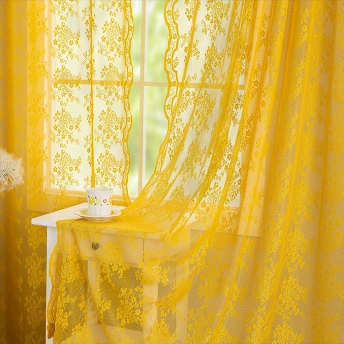 YJ YANJUN Vintage Lace Curtains Boho Sheer Kitchen Curtain Panels 45 inch Length - Image 3