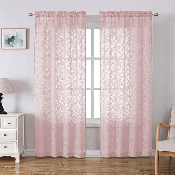 Lecloud Leia Blush Pink Sheer Curtains 72 Inches Long 2 Panels, Jacquard Leaf by Lecloud