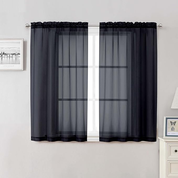 Lecloud Black Sheer Curtains 50 Inch Length 2 Pcs, Light Filtering Bedroom by Lecloud