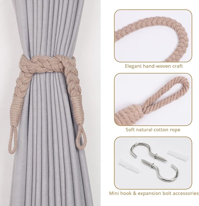 NICEEC 4 Pack Natural Cotton Rope Curtain Tiebacks Elegant Boho Style - Image 2