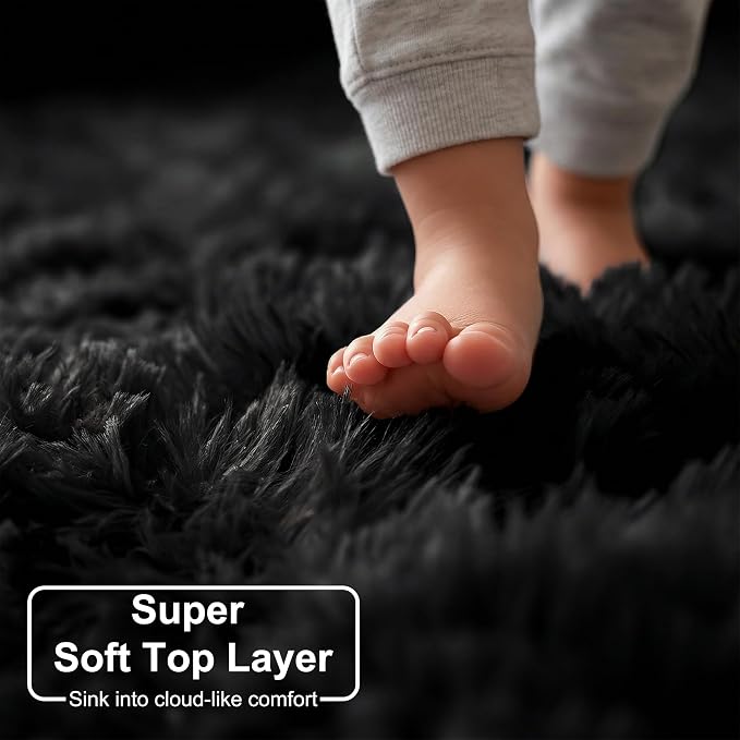 Black Round Rug 6Ft for Bedroom Aesthetic, Fluffy Plush Circle Area Rugs for - Image 2