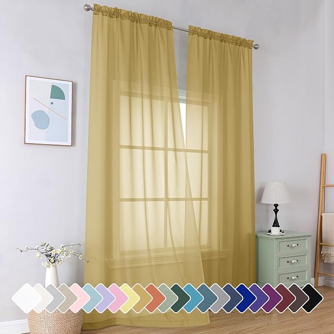 Simplebrand Gold Sheer Curtains 96 Inches Long 2 Panels, Light Filtering Rod by Simplebrand