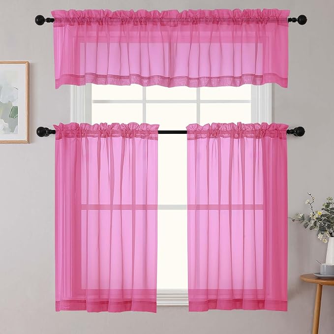 Kitchen Curtains 24 Inch Length Tier 2 Pieces, Hot Pink Sheer Curtain Solid - Image 8