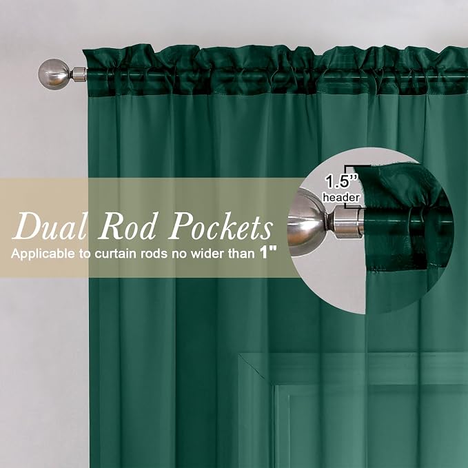 Lecloud Hunter Green Sheer Curtains 72 Inches Long 2 Panels, Rod Pocket Voile - Image 2