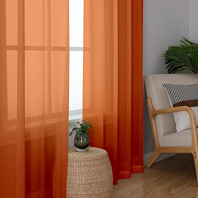 Lecloud Orange Sheer Curtains 72 Inches Long 2 Panels, Rod Pocket Voile Light - Image 4